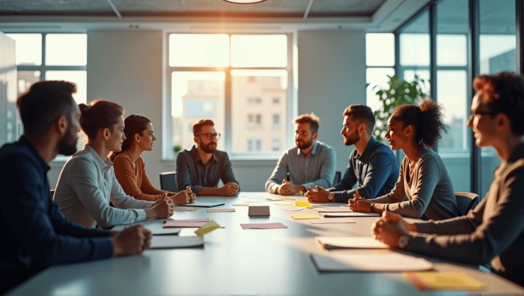 Agile team collaborating in a retrospective meeting around a modern conference table.