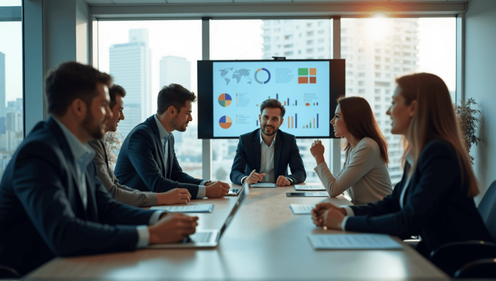 Professionals in business attire collaborating during a risk management meeting in a modern conference room.