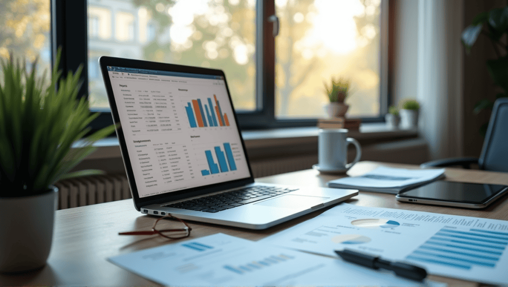 Modern workspace for risk management with laptop, charts, and analytical tools on desk.