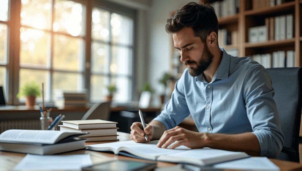 Professional man studying project management surrounded by books and notes in modern office.