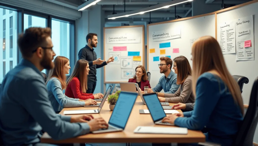 Modern workspace with professionals collaborating on documentation, using laptops and digital devices.