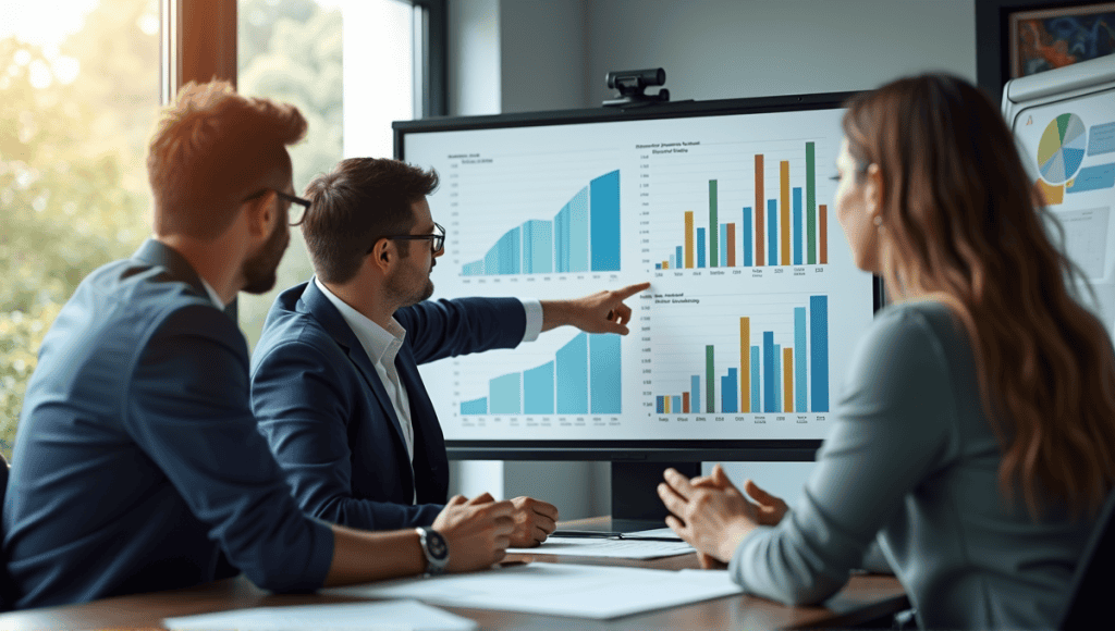 Team of professionals collaborating on a risk burndown chart in a modern office.