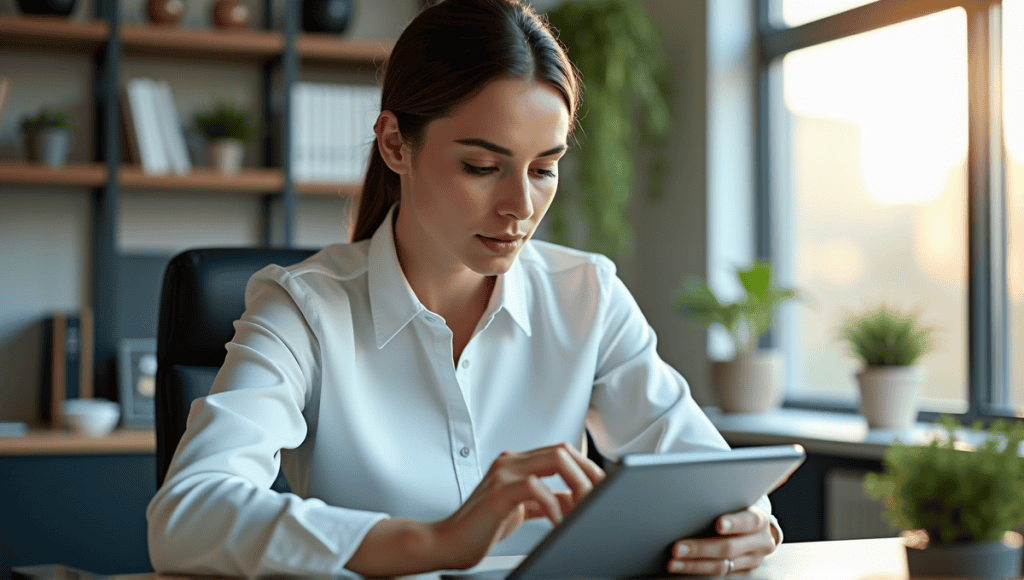 Business professional analyzing a risk burndown chart on a digital tablet in an office.