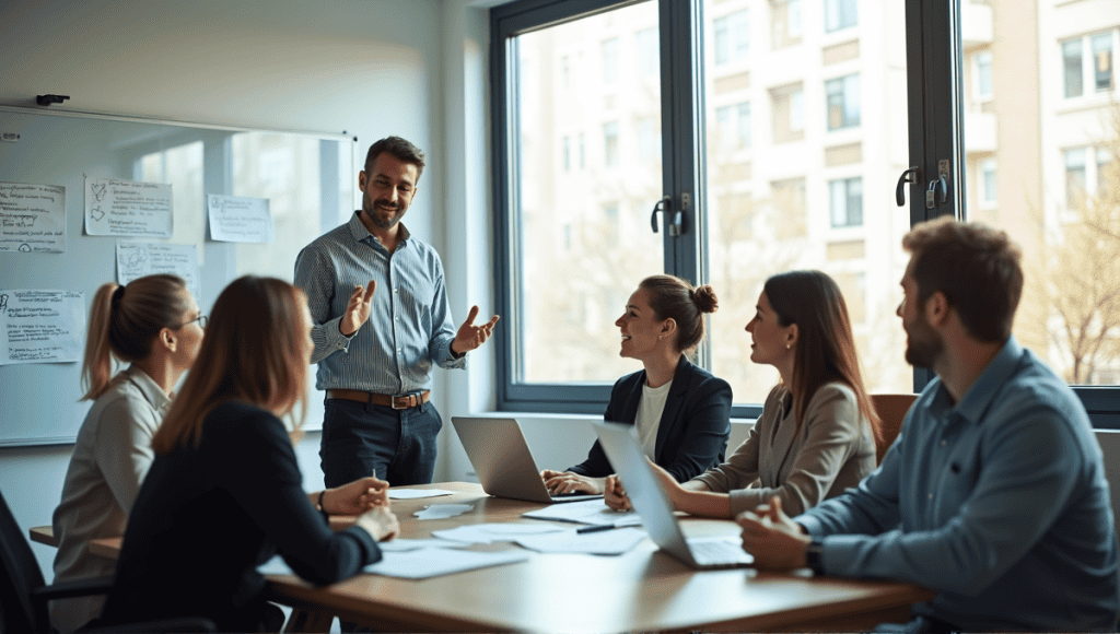 Professionals collaborating in a modern office, discussing ideas at a meeting table.