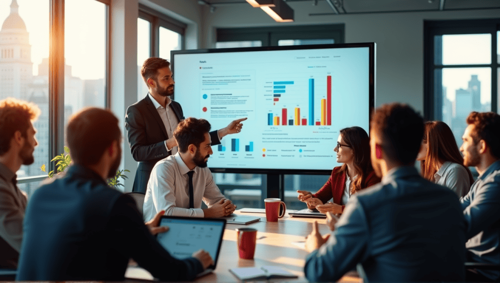 Group of professionals in smart casual attire engaged in a sprint review meeting.