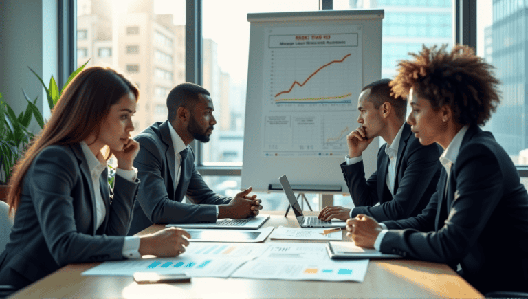 Four professionals in business attire engaged in a strategic meeting around a conference table.