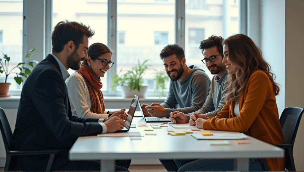 Professionals collaborating in a sprint planning meeting around a modern conference table.