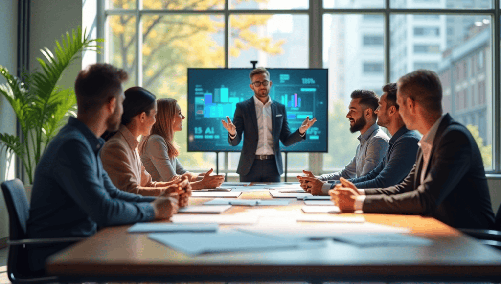 Professionals collaborating at a conference table, presenting charts in an open office space.