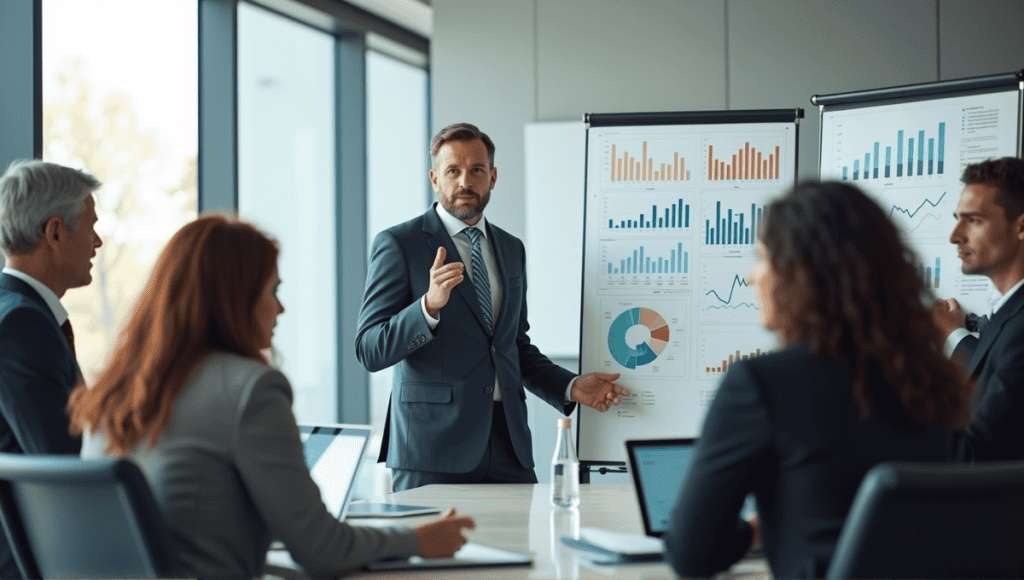 Professionals in business attire engaged in strategic discussion around a whiteboard with financial data.