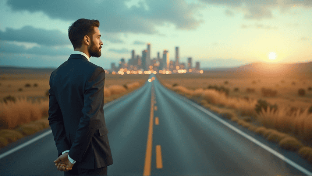 Business professional in a suit at a crossroads, contemplating short-term versus long-term goals.