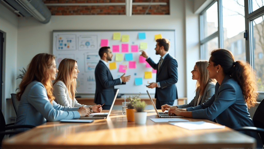 Dynamic team of professionals collaborating around a whiteboard in a bright office space.