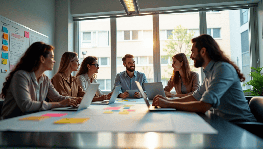 Team of professionals collaborating during a sprint planning session at a conference table.