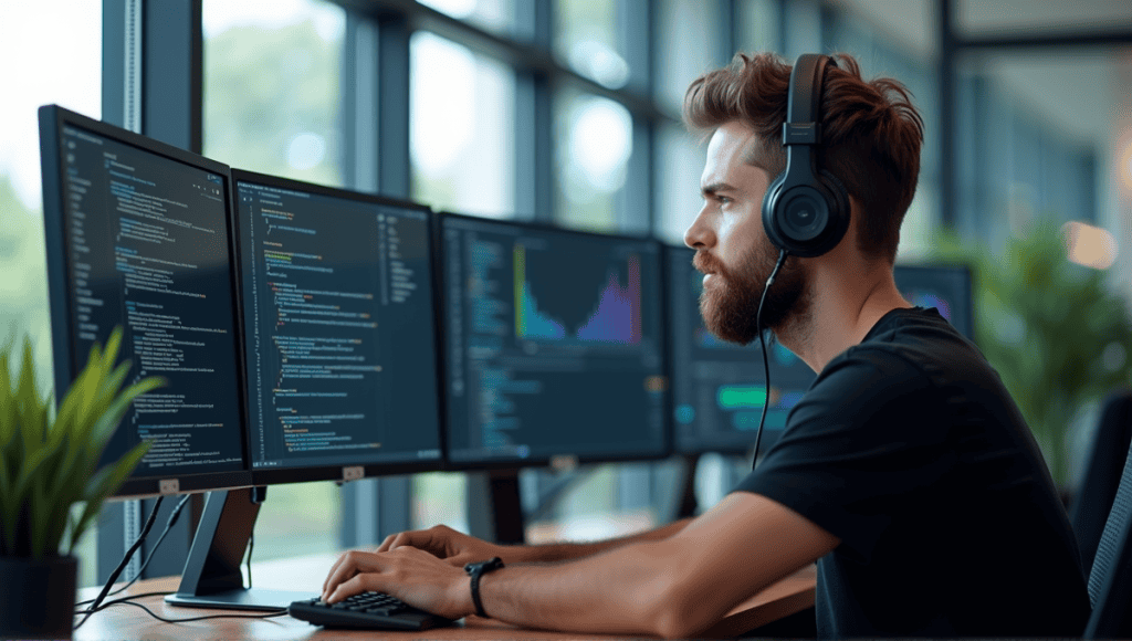 Software engineer in a black t-shirt working at a modern desk with multiple monitors.