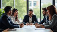 Group of professionals brainstorming around a conference table in a modern office setting.