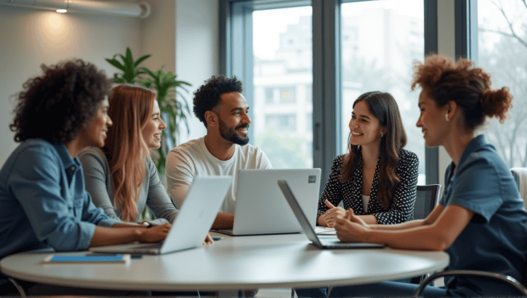 Group of professionals collaborating at a conference table with laptops and notepads.