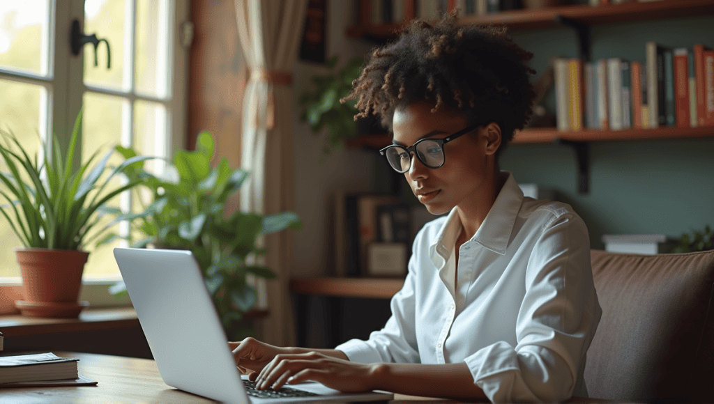 Focused professional in smart casual attire studying at a modern home office desk.