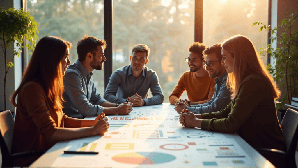 Team of professionals brainstorming around a table with charts and diagrams in a modern office.