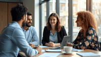 Professionals in smart casual attire discussing around a large table in a modern office.