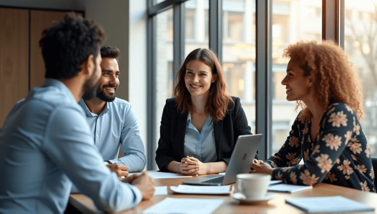 Professionals in smart casual attire discussing around a large table in a modern office.