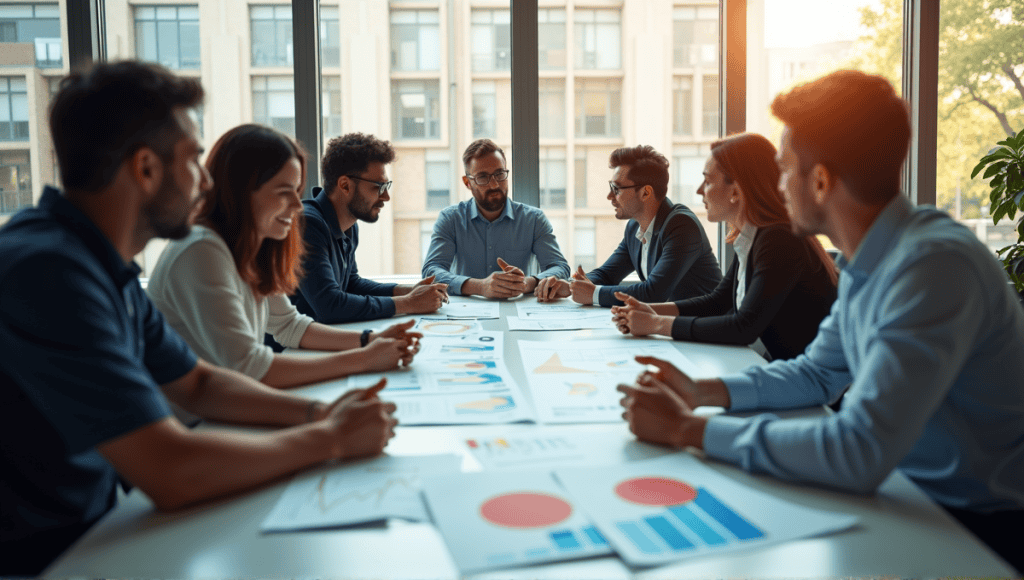 Group of professionals discussing risk assessment around a large table in a modern office.