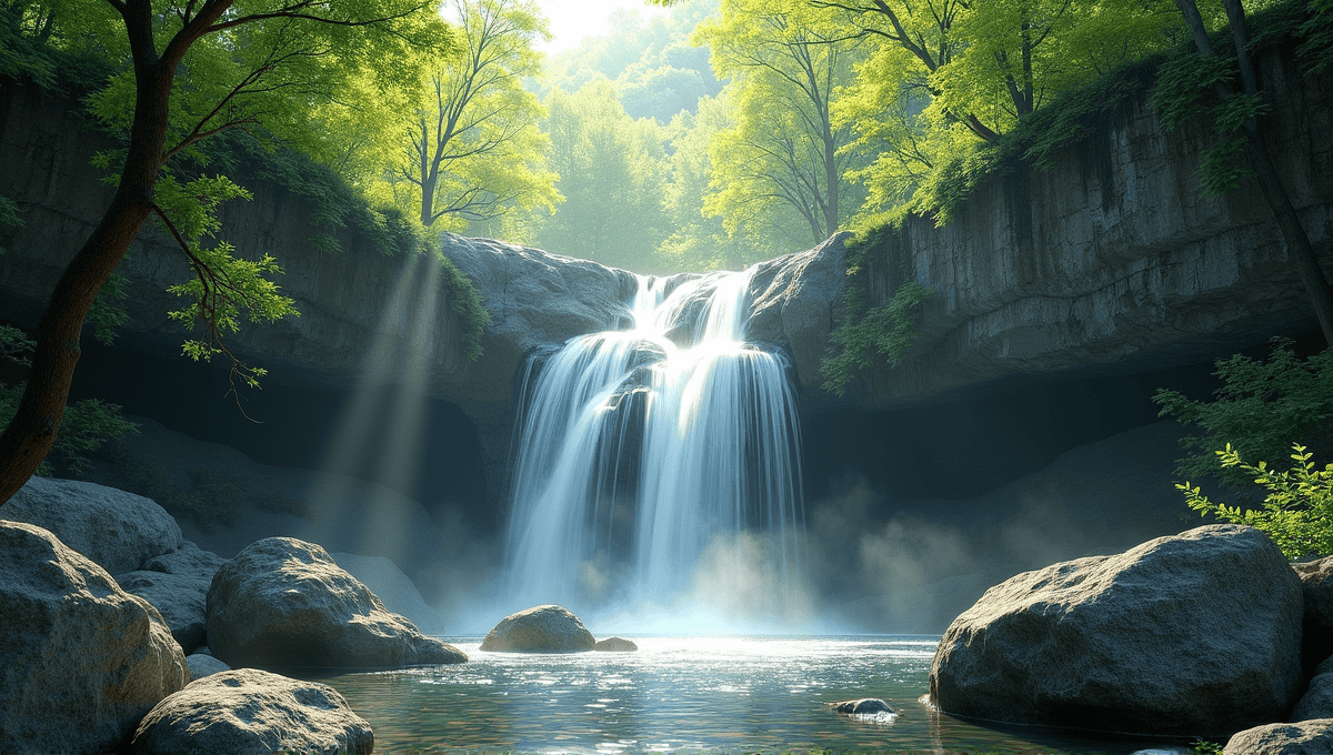 Serene waterfall cascading down rocks, surrounded by lush greenery and rising mist.