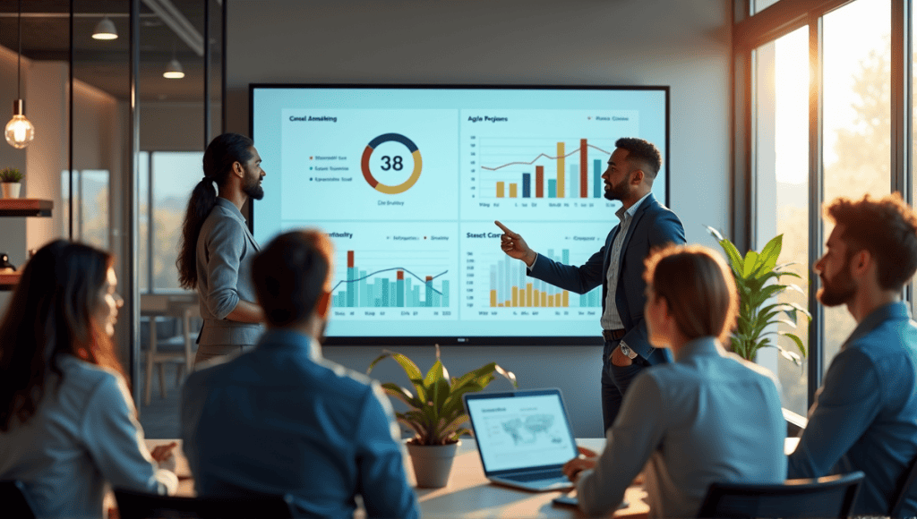 A team of professionals collaborating in a modern office around a digital screen.