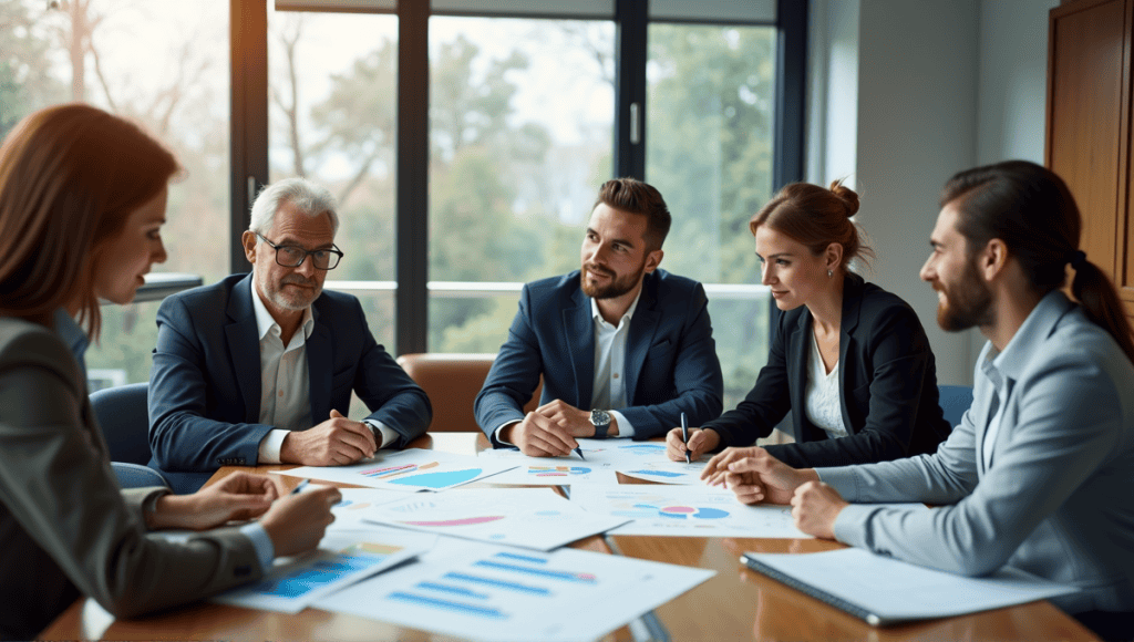 A team of professionals collaborating in an Agile project meeting around a conference table.