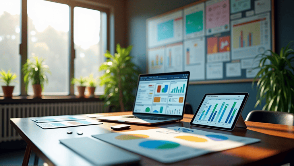 Modern office workspace featuring a laptop, colorful templates, and a digital tablet with analytics.