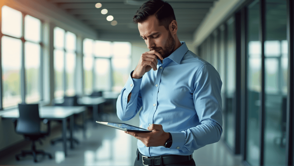 Thoughtful professional in modern office examining digital tablet with colorful charts and data.