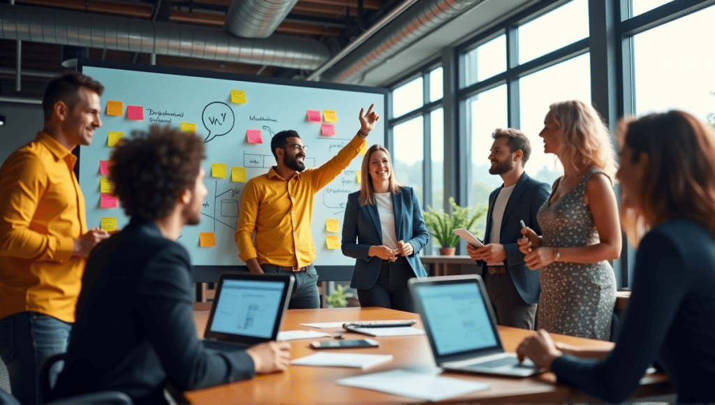 Team of professionals brainstorming in a modern office, surrounded by post-it notes and screens.