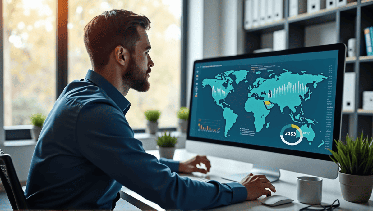 Individual analyzing data on a computer surrounded by digital displays of risk management charts.