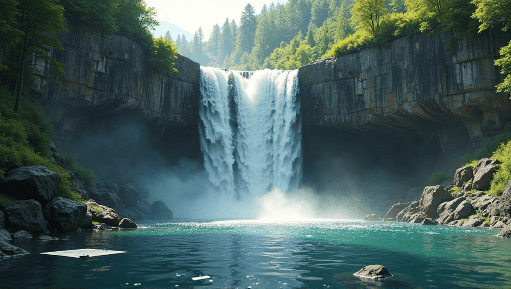 Waterfall cascading over cliffs with lush greenery and submerged industrial elements, symbolizing challenges and growth.