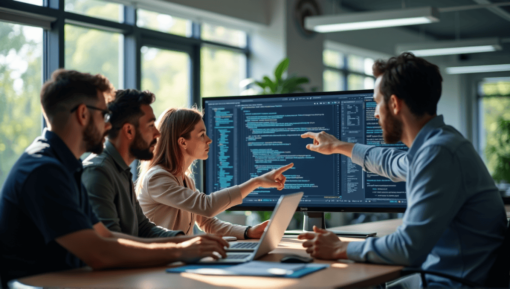 A group of software developers collaborating in a modern office filled with screens.