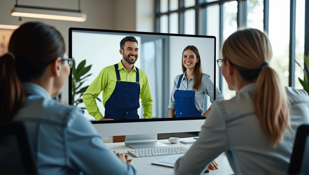 Professionals engaging in a video conference, showcasing collaboration and focus in a modern office.