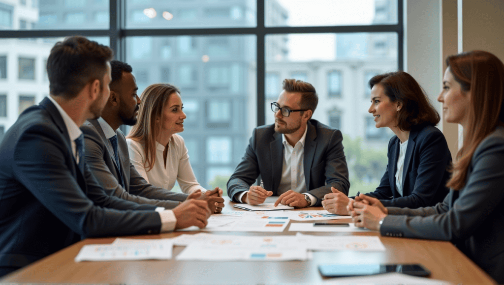 Group of professionals in business attire discussing strategies around a conference table.