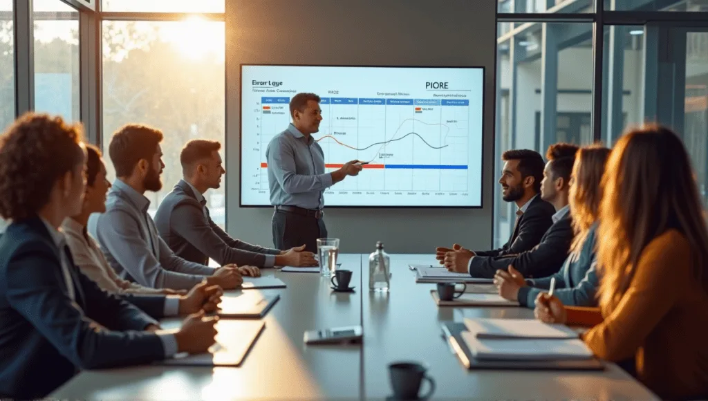 Group of professionals discussing RICE and ICE scoring models around a modern conference table.