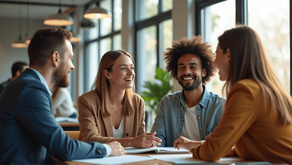 Agile leaders engaged in collaborative discussion, showcasing empathy and connection in a modern office.