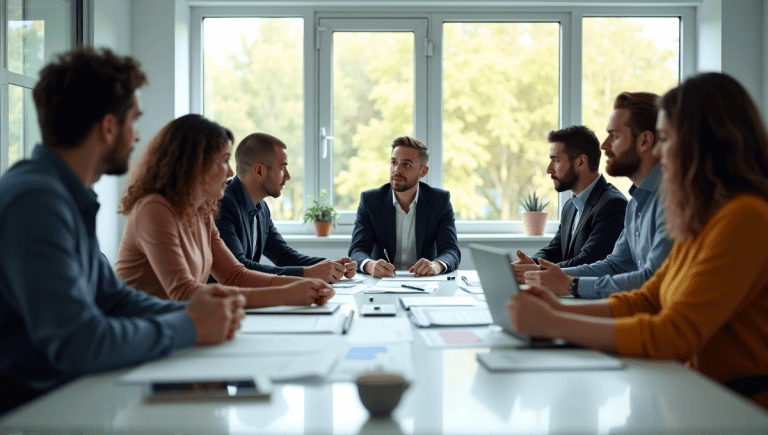 Professionals brainstorming about the agile hybrid model around a modern conference table.