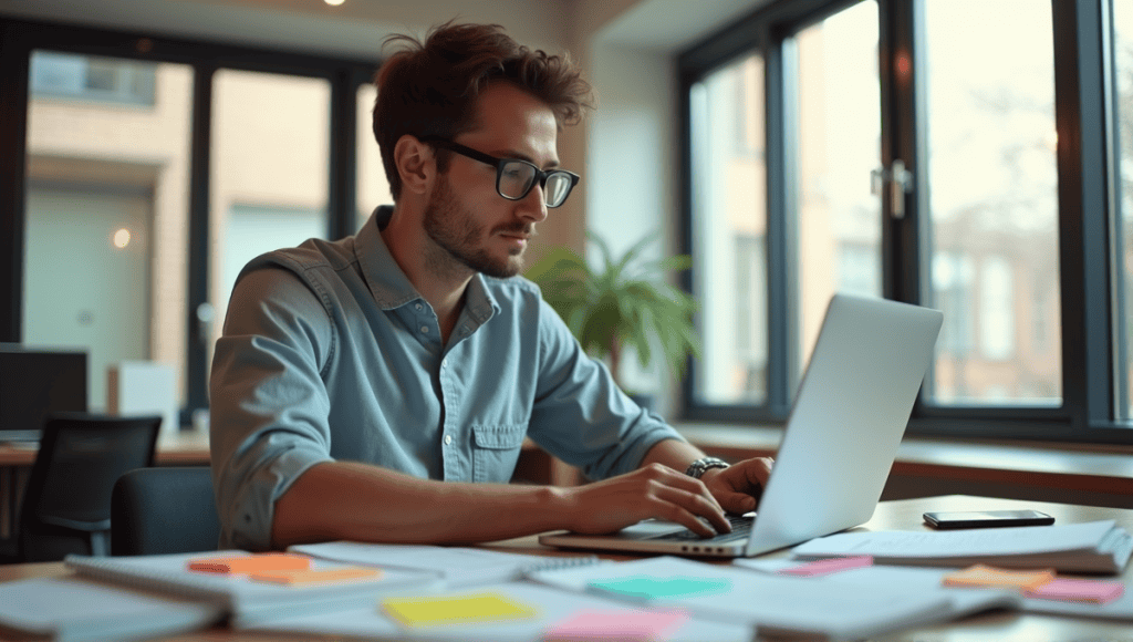 Person focused on laptop, engaged in sprint planning with notebooks and sticky notes nearby.