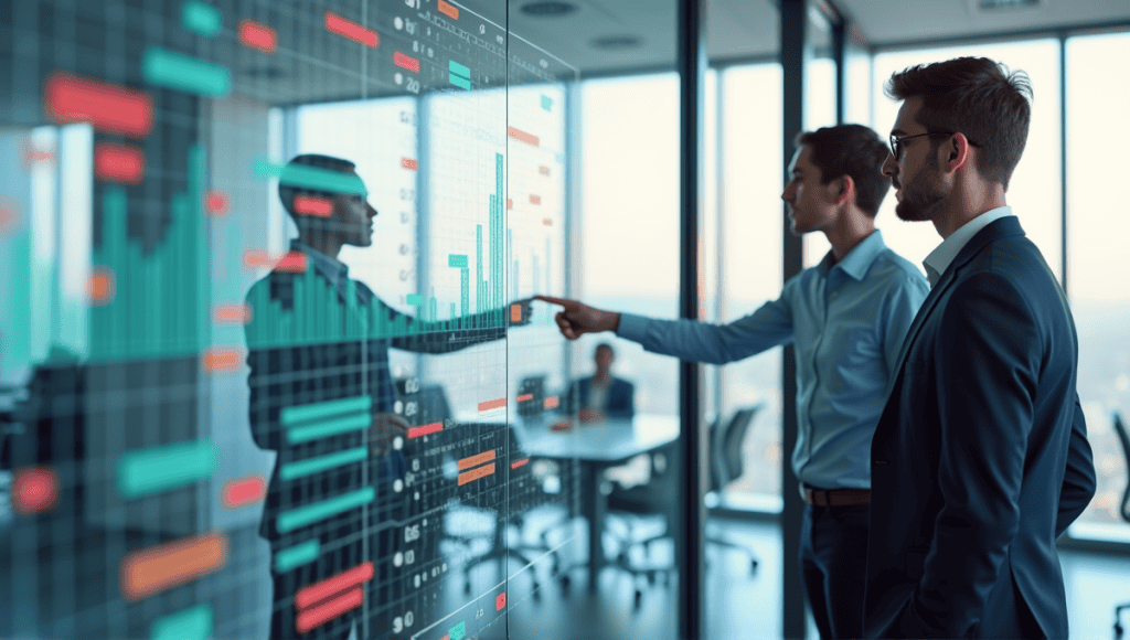 Business analyst discussing a colorful risk matrix with a colleague in a professional office.