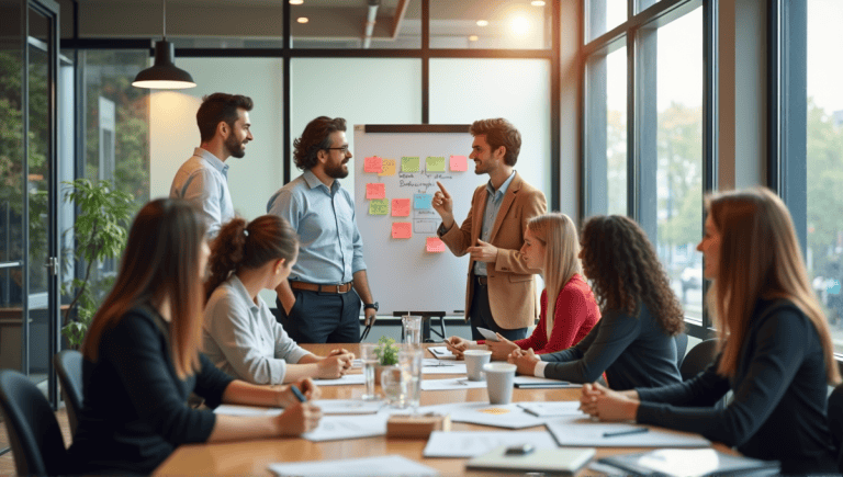 Professionals engaged in a team meeting, discussing ideas at a whiteboard with sticky notes.