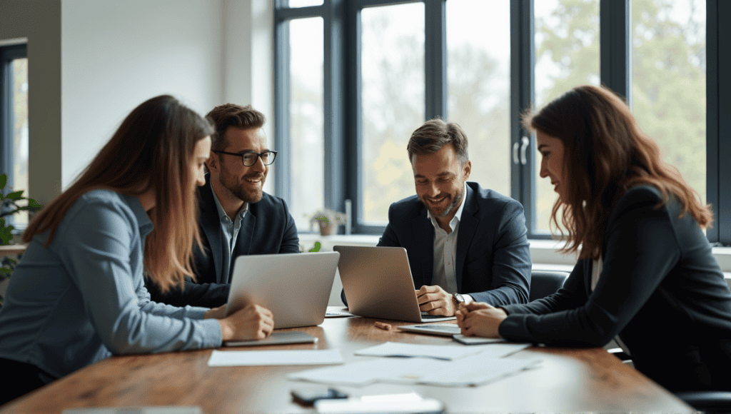 Scrum Master, Product Owner, and Development Team collaborating in a modern office setting.