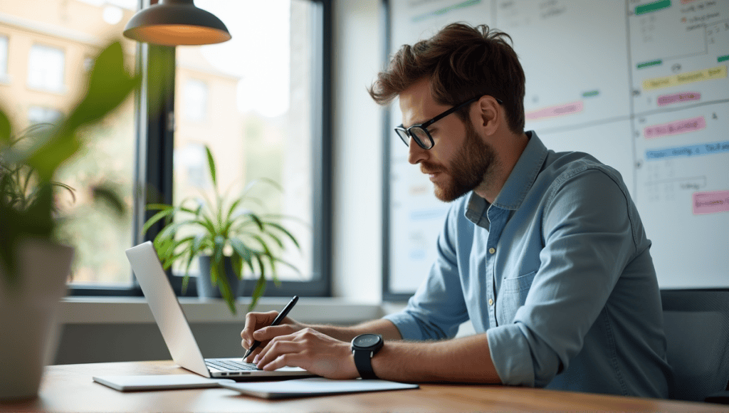 Product Owner in a modern office, reviewing a digital backlog and taking notes.