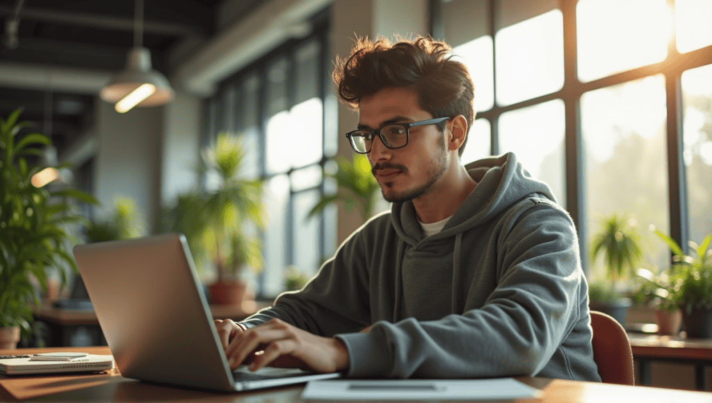 Modern software engineer in casual attire working on a laptop in a bright workspace.