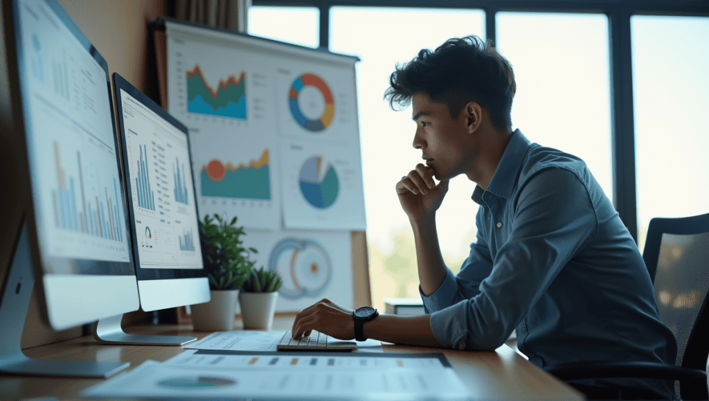 Thoughtful young professional analyzing charts in a modern workspace focused on agile metrics.