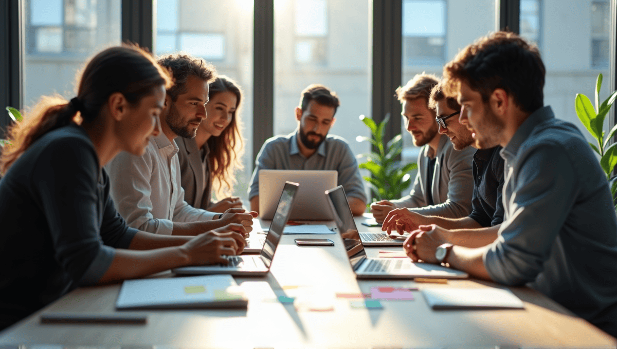 A group of professionals brainstorming around a large table in a modern office.