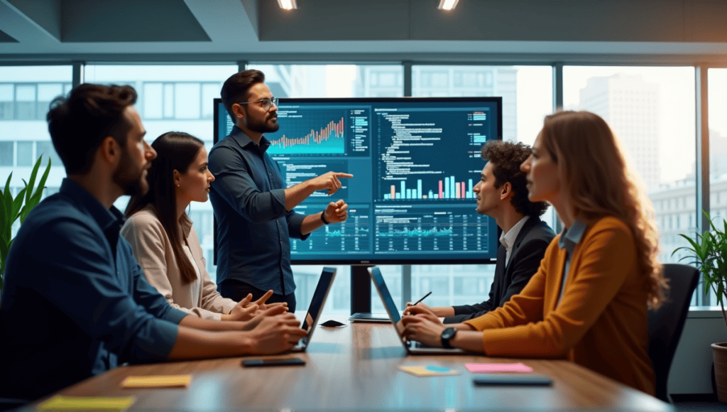 Group of software engineers collaborating around a large screen displaying graphs and code.