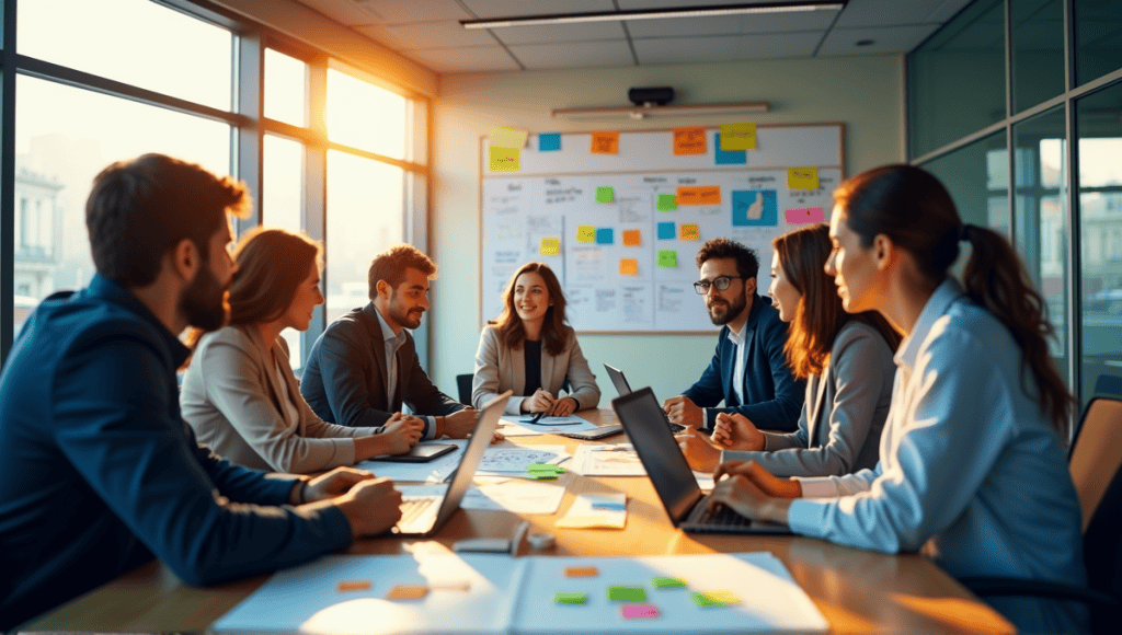 Group of professionals collaborating in a modern conference room with sticky notes and digital devices.