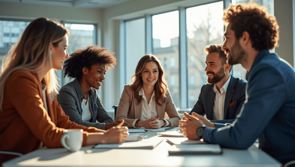 Group of professionals in smart-casual attire discussing around a modern conference table.