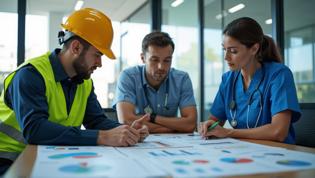 Professionals from different industries collaborate in a conference room, discussing risk categorization methods.